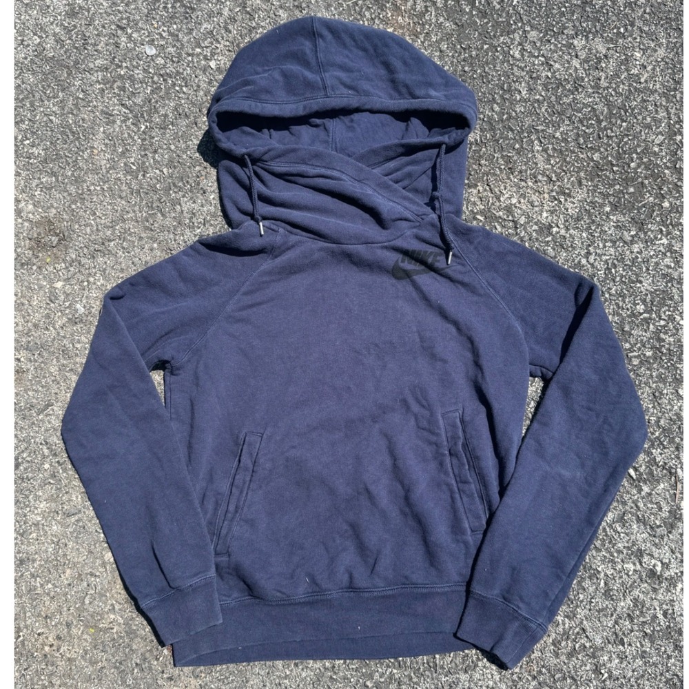 Nike Womens Funnel Neck Hoodie Navy Blue Pullover Sweatshirt Medium Raglan Logo